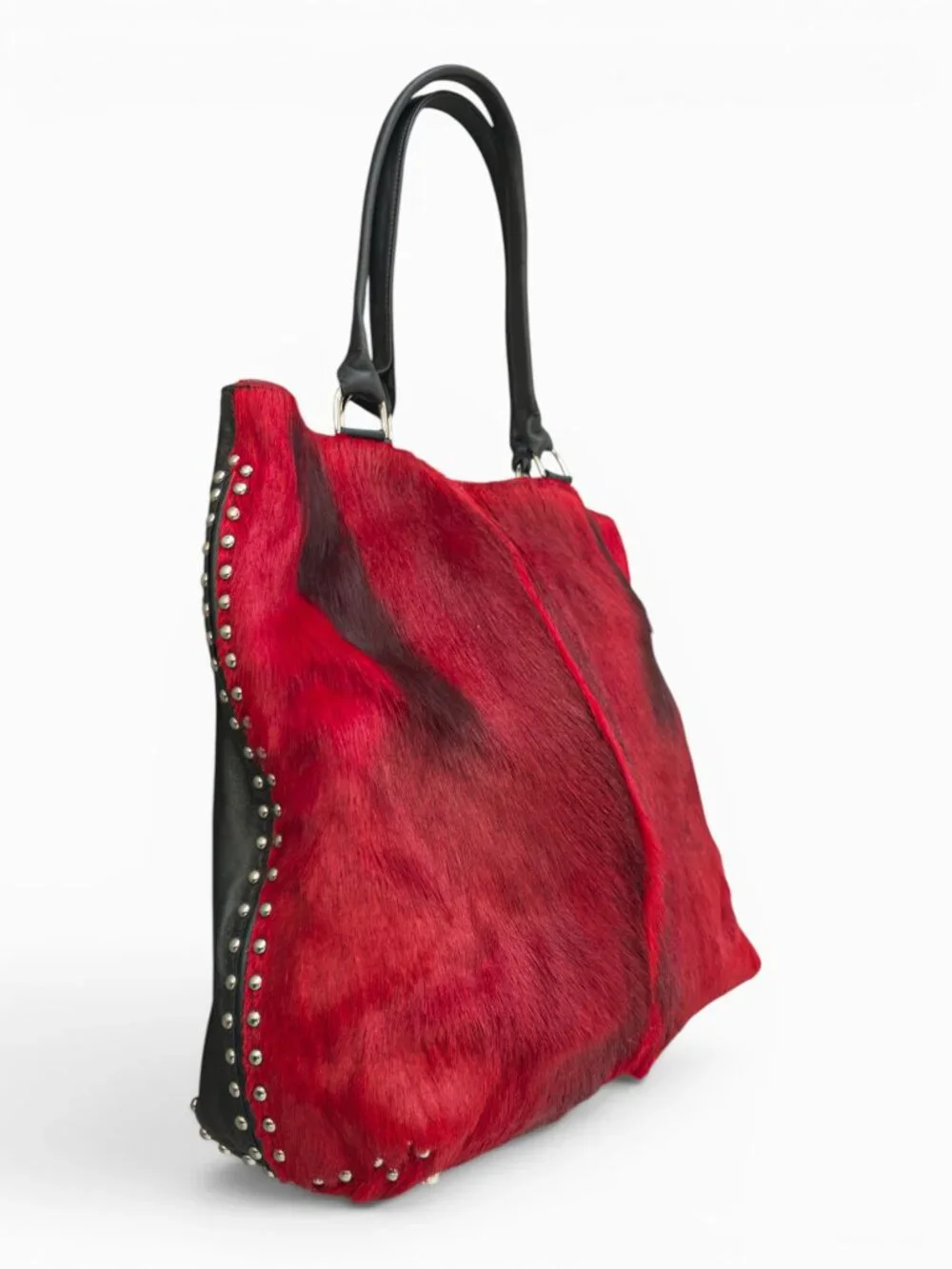 King Ranch Red-Dyed Springbok Tote, Black Leather Trim, Chrome Studs